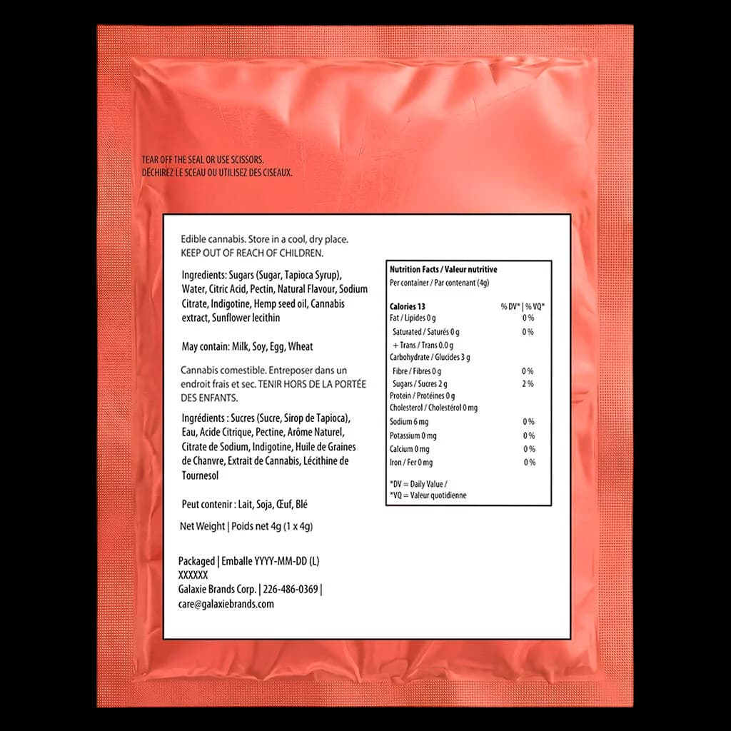 Galaxie Brands Foundry Melon Berry cannabis soft chews 4g package back label with bilingual ingredients, nutrition facts, and Health Canada warnings