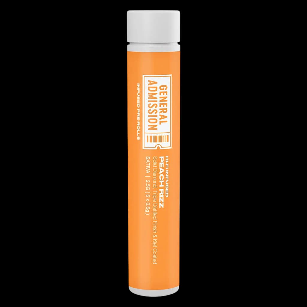 General Admission Peach Fizz infused pre-roll 2.56g tube with white cap and orange packaging