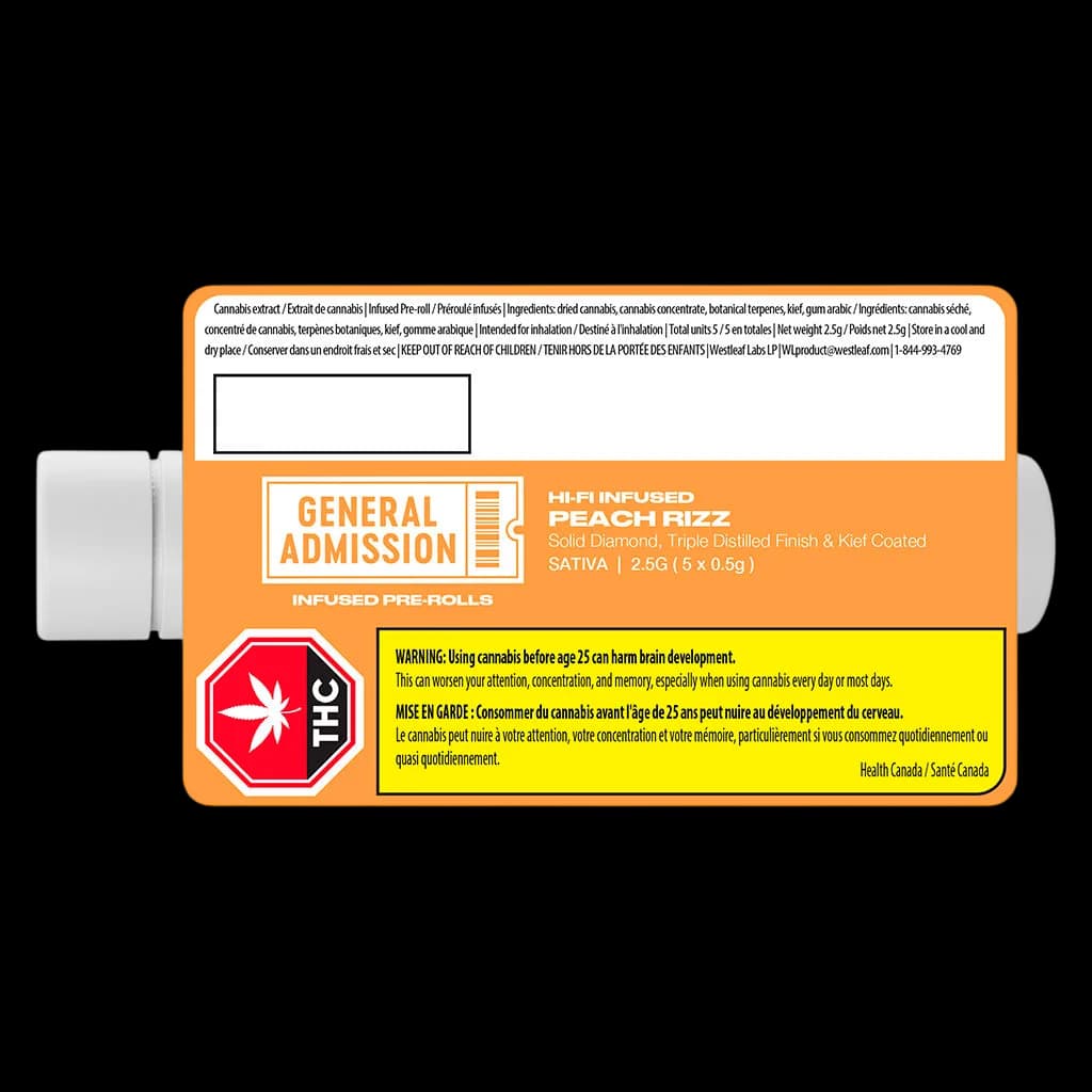 General Admission Peach Rizz Hi-Fi Infused Pre-Roll, 2.5g pack with 5 x 0.5g joints, orange packaging with THC warning label