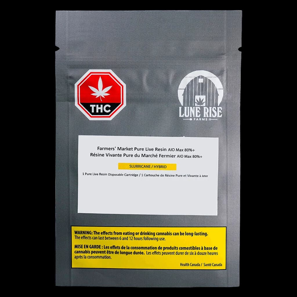 Lune Rise Farms Farmers' Market Pure Live Resin AIO Max 80%+ Slurricane hybrid disposable cartridge packaging front with THC warning label