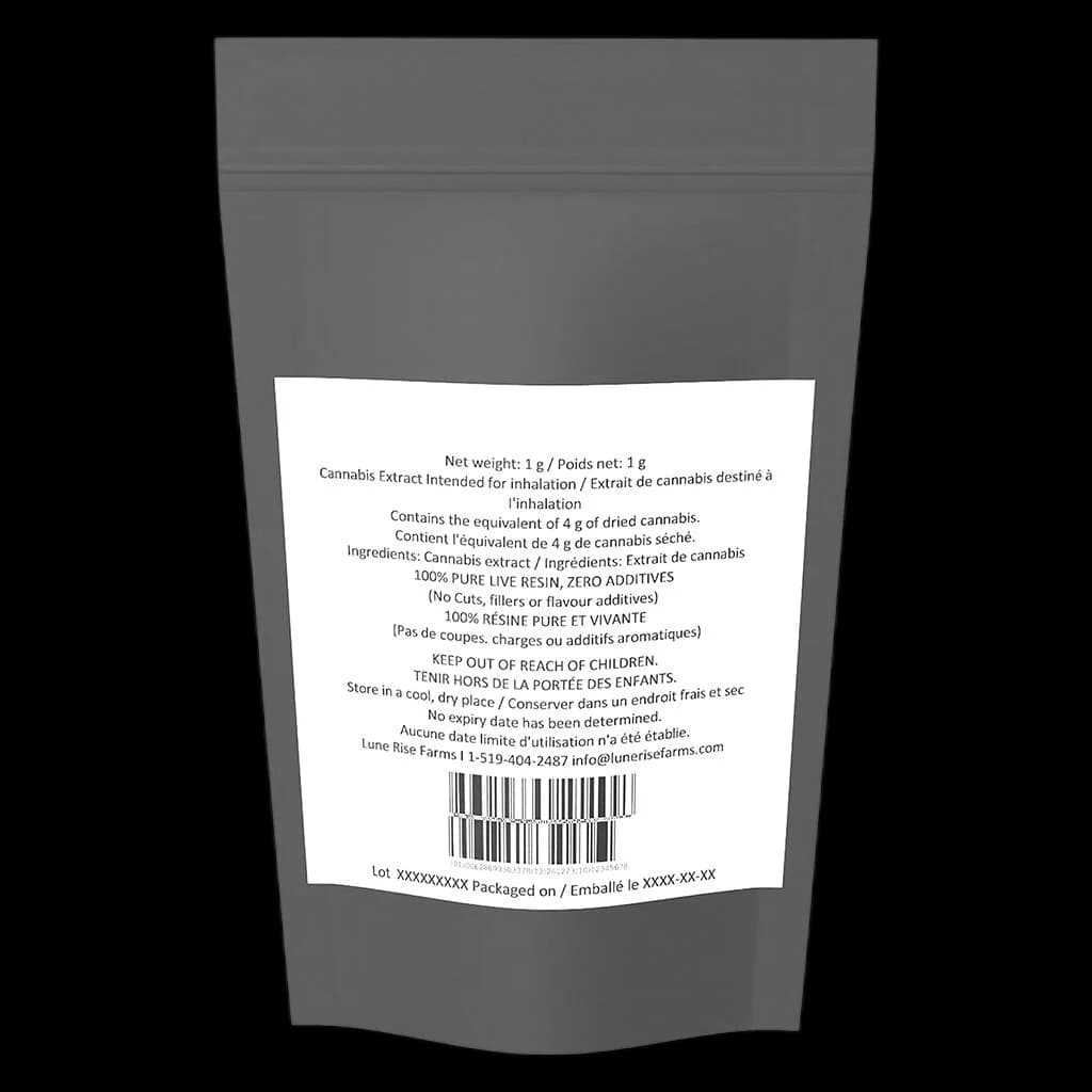 Lune Rise Farms Pure Live Resin cannabis extract, 1g net weight, intended for inhalation, 100% pure live resin with zero additives