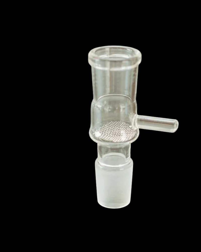 Female glass injector bowl with frosted base and metal mesh screen, cannabis accessory