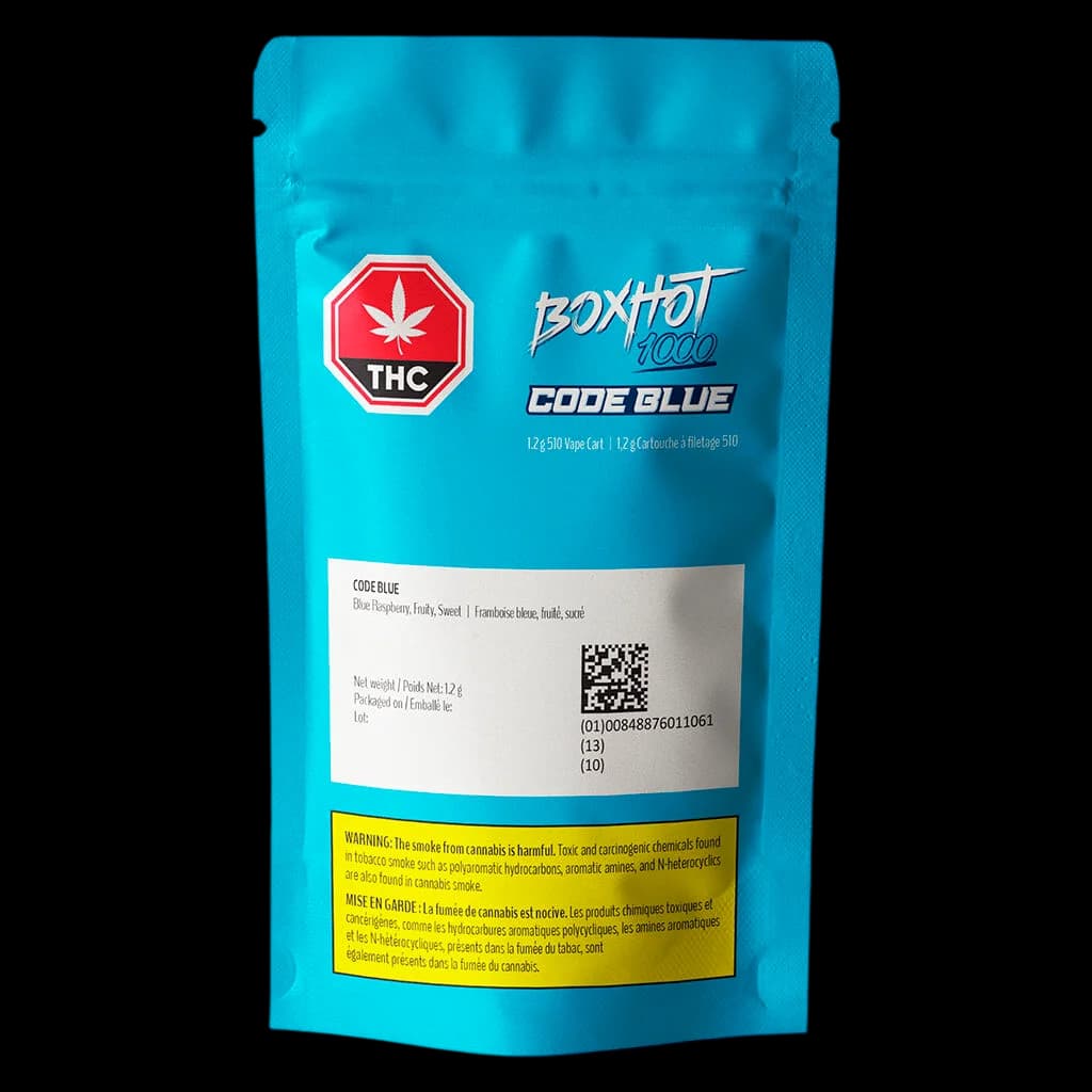 BOXHOT Code Blue 510 thread vape cartridge, 1.2g, with blue packaging and THC warning label
