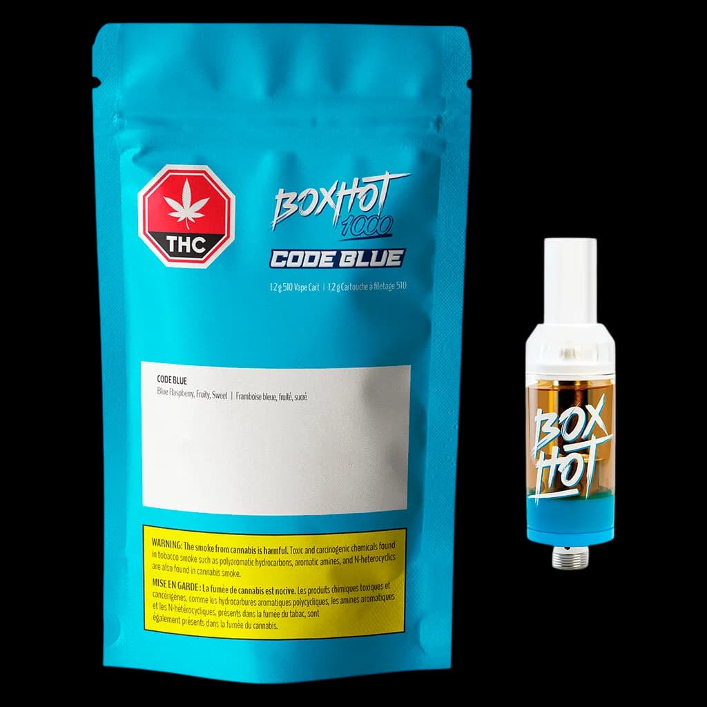 Boxhot Code Blue 510 thread vape cartridge with blue and gold packaging, 1.2g cannabis vape cart displayed beside branded pouch