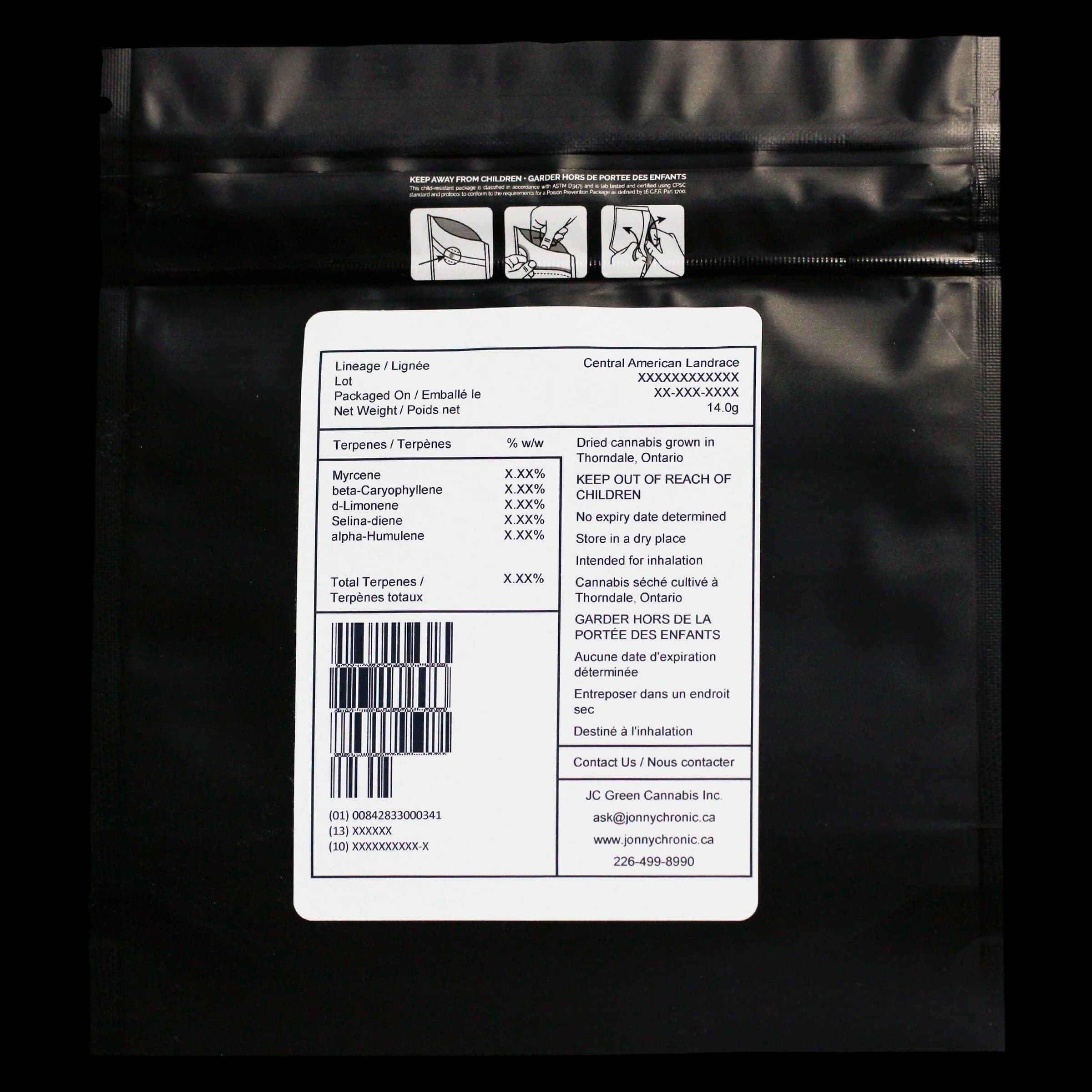 Jonny Chronic Central American Landrace 14.0g dried cannabis flower package rear label showing terpene profile, barcode, and Health Canada warnings