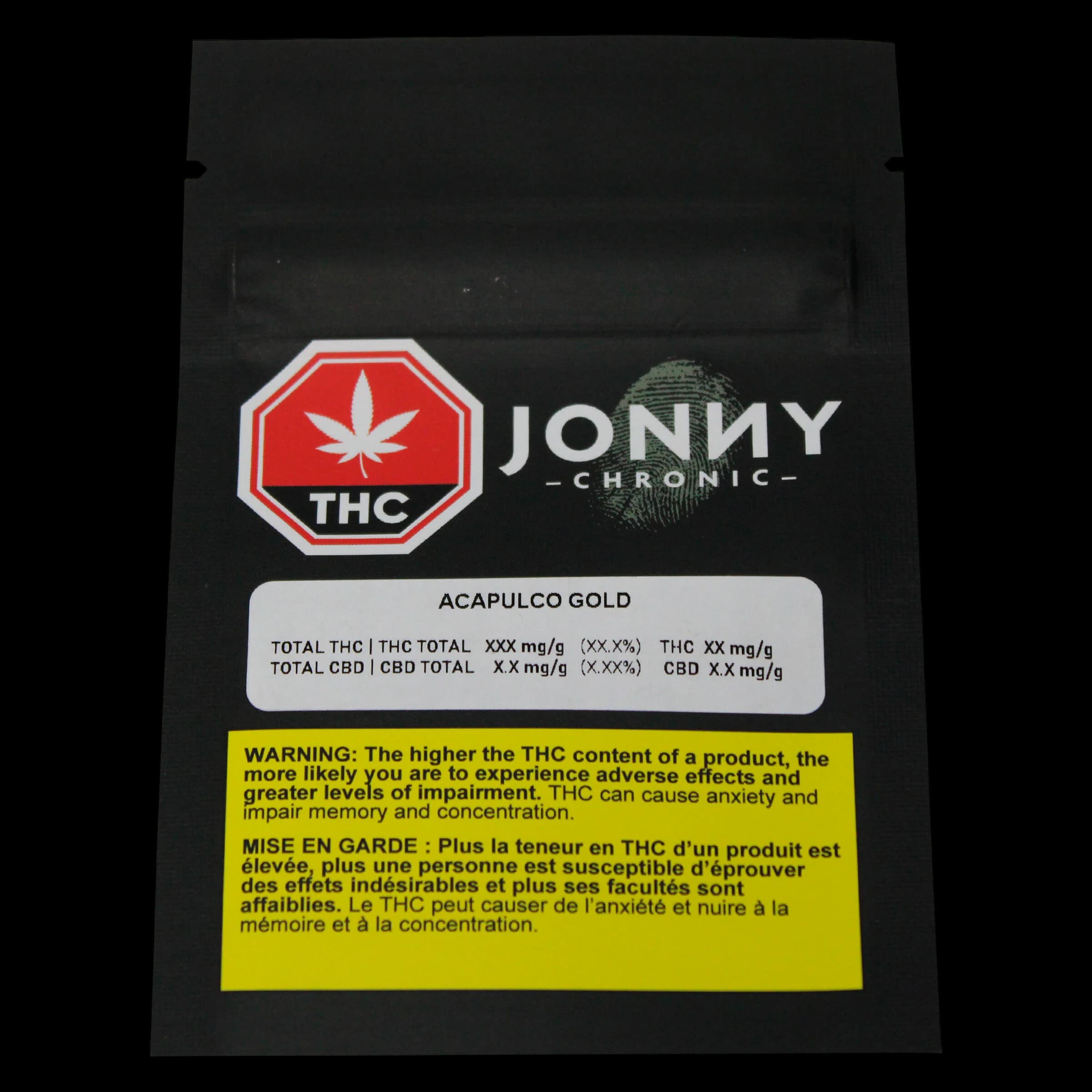Jonny Chronic Acapulco Gold cannabis dried flower packaging front with THC warning label and Health Canada regulatory text