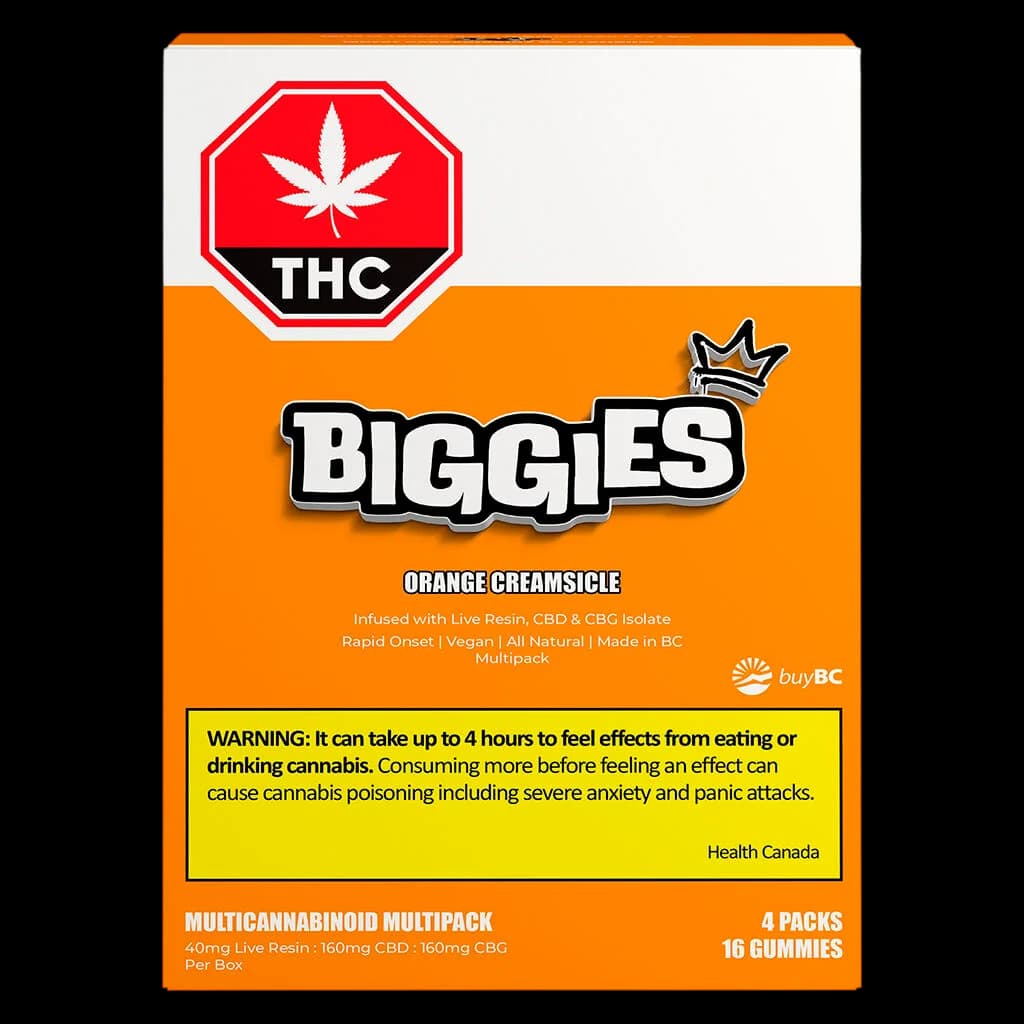 BIGGIES Orange Creamsicle cannabis gummies multipack, 4-pack, 16 gummies, infused with live resin, CBD and CBG isolate
