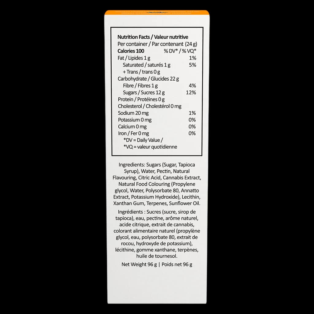 BIGGIES Orange Creamsicle cannabis soft chews package back label showing nutrition facts, ingredients, and 96g net weight