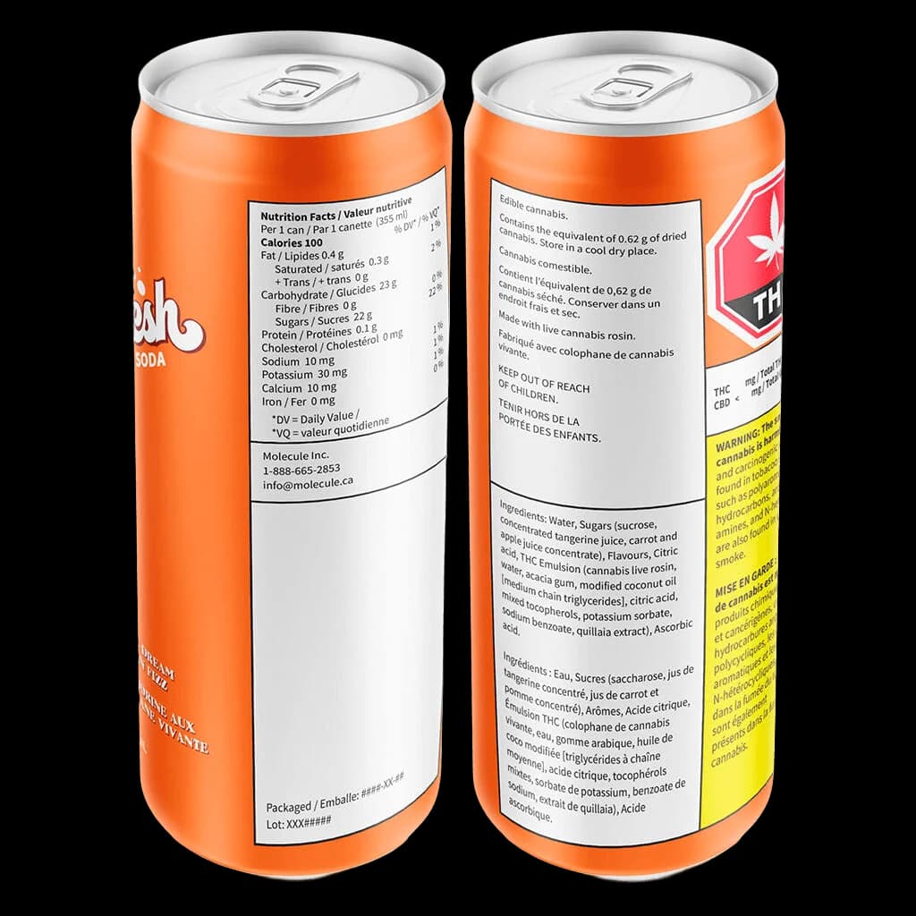 Sheesh Hash Sodas Banjorine Dream Live Rosin Fizz cannabis beverage cans, 355ml, showing nutrition facts and THC warning label