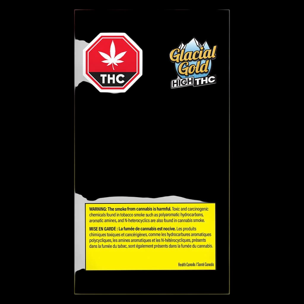 Glacial Gold High THC disposable vape pen package front with red THC logo and Health Canada warning label
