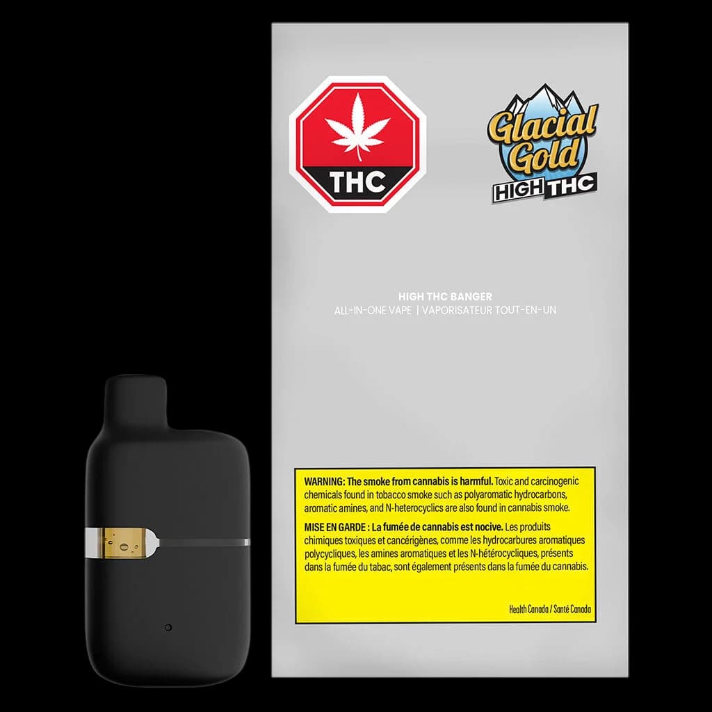 Glacial Gold High THC Banger disposable vape pen with black body and packaging showing THC warning label