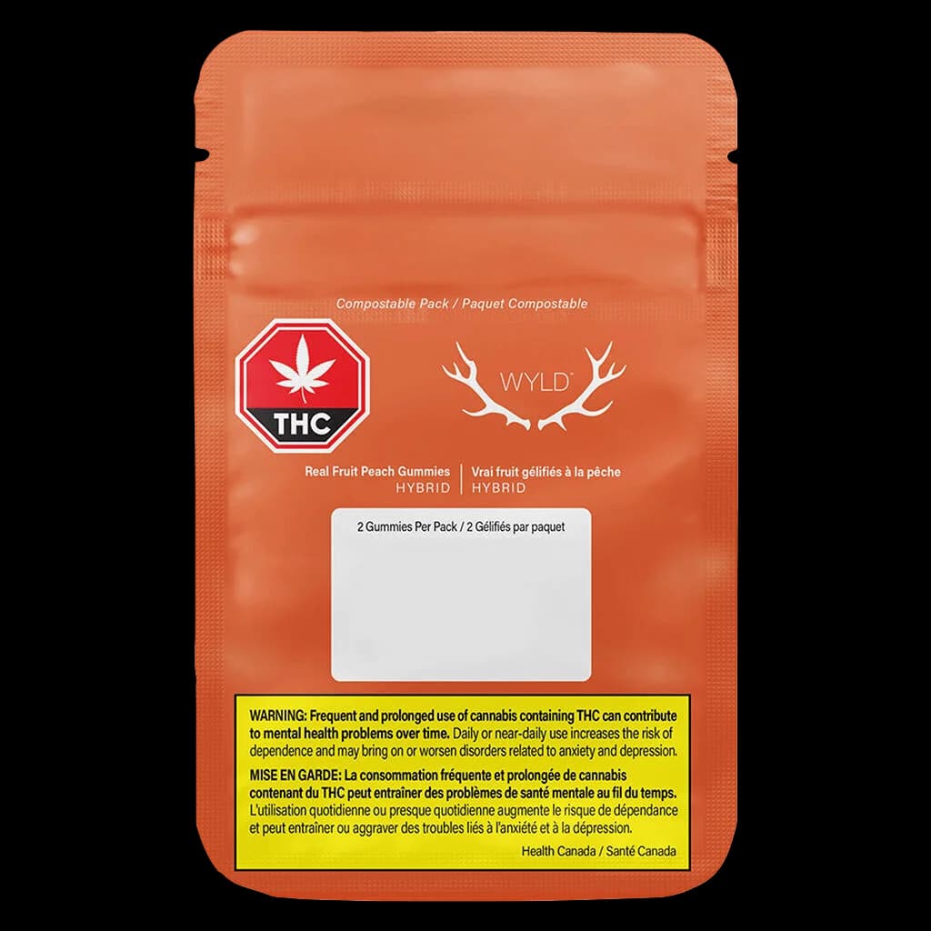 Wyld Real Fruit Peach Gummies hybrid cannabis edible, 2-pack, orange composable pouch with THC warning symbol