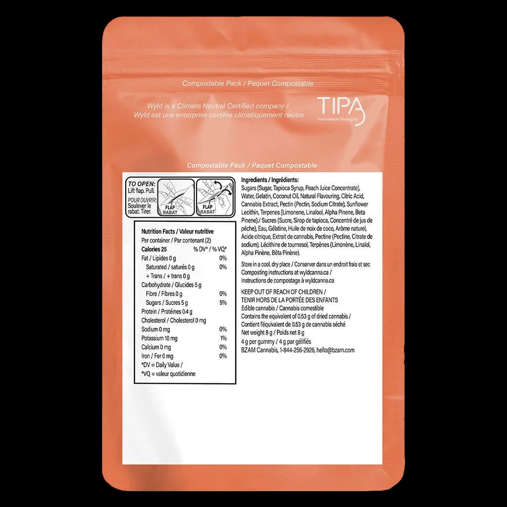 Wyld Real Fruit Peach Gummies 5:1 CBD:THC package back label showing nutrition facts, ingredients, and cannabis extract content of 0.53g per gummy