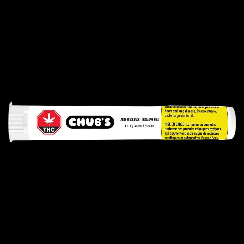 Pré-roulés Indica Grand format Snack Pack THC de Chub's, 4 pré-roulés de 1,0 g avec étiquette d'avertissement jaune de Santé Canada