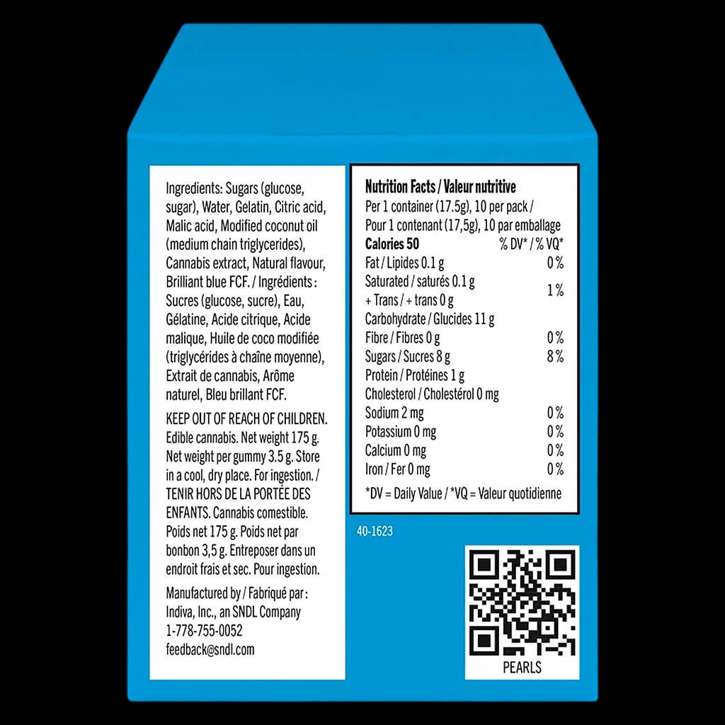 Pearls by Grön Blue Razzleberry 3:1 CBG/THC soft chews package back showing ingredients, nutrition facts, and QR code