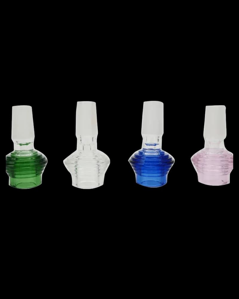 Four glass water pipe bowls in green, clear, blue, and pink with white rubber stems
