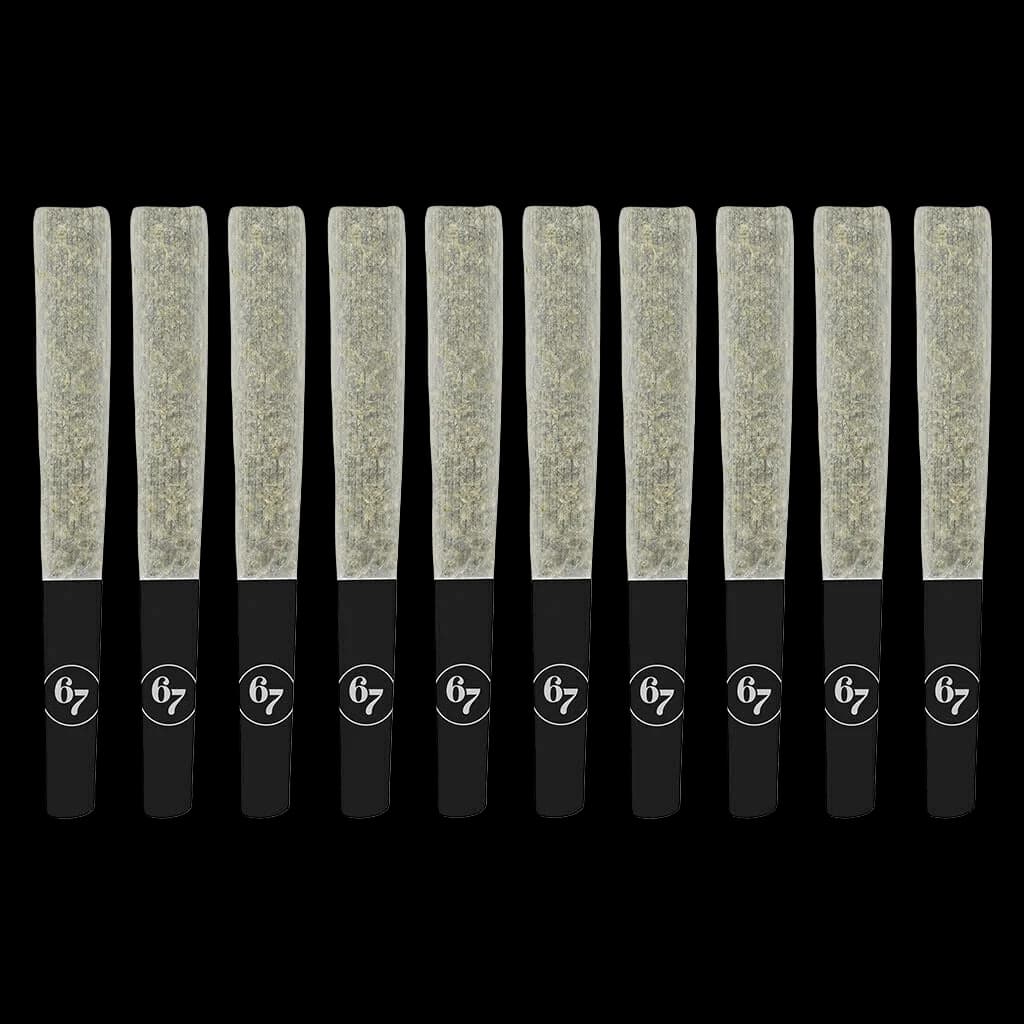 Sixty Seven Sins Canadian Chill pre-roll 10-pack with green cannabis flower and black filter tips