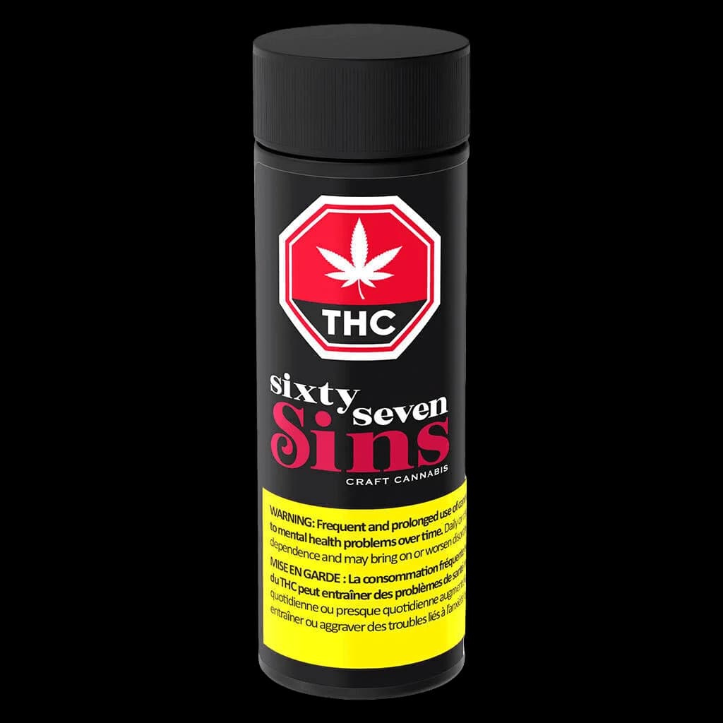 Sixty Seven Sins cannabis pre-roll tube with red THC warning symbol and yellow Health Canada warning label