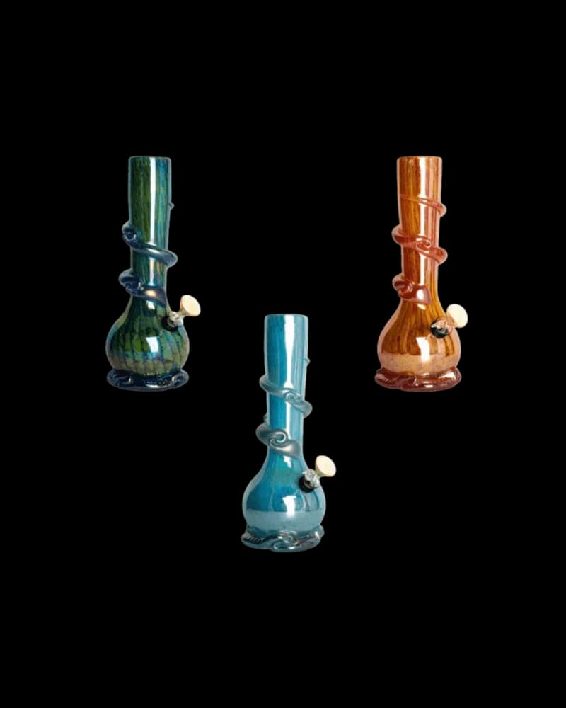Three Retro Glass tall water pipes in green, teal, and amber, each 13 inches with decorative wraps and small bowls