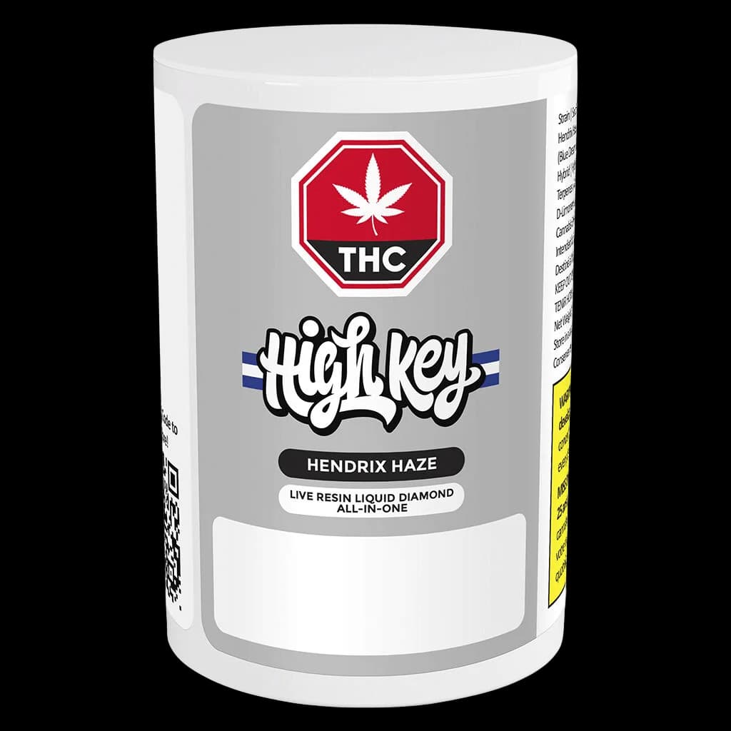 Stylo vape jetable High Key Hendrix Haze Live Resin Liquid Diamond All-In-One avec symbole d'avertissement THC rouge sur emballage cylindrique blanc