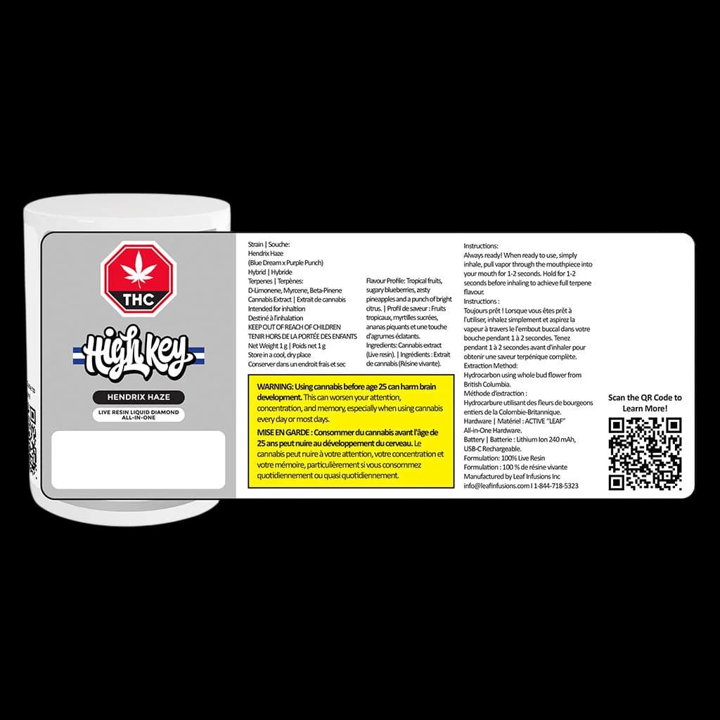 Stylo vapoteur tout-en-un High Key Hendrix Haze en résine vivante et diamant liquide avec emballage indiquant les détails de la variété et l'étiquette d'avertissement de Santé Canada
