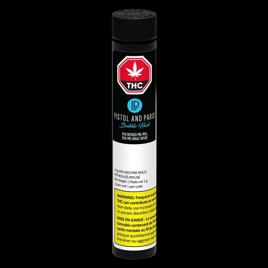 Emballage de pré-roulé infusé au bubble hash Pistol and Paris, pré-roulé de cannabis THC de 1 g avec emballage tube noir et blanc