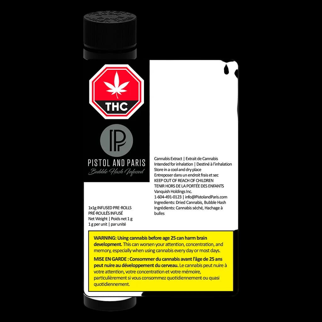 Pré-roulé infusé au bubble hash Pistol and Paris, 1 g, tube noir avec symbole d'avertissement THC rouge et étiquette du produit