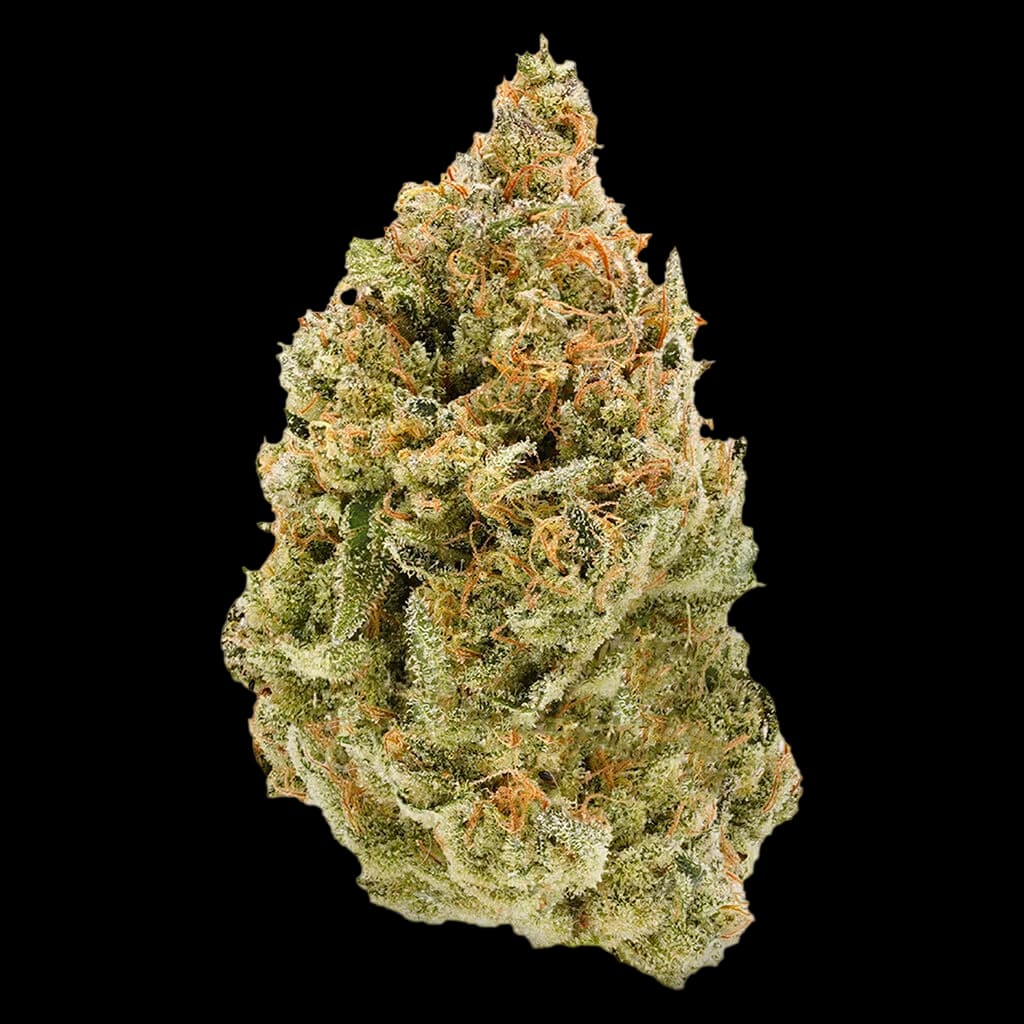 Simply Bare BC Organic Fruit Loopz cannabis dried flower bud with dense trichomes and mixed green and orange coloring