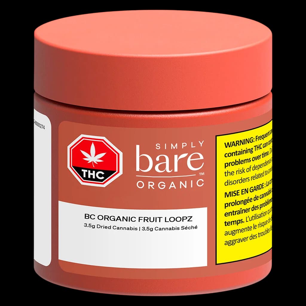Simply Bare BC Organic Fruit Loopz 3.5g dried cannabis flower in terracotta jar with red lid