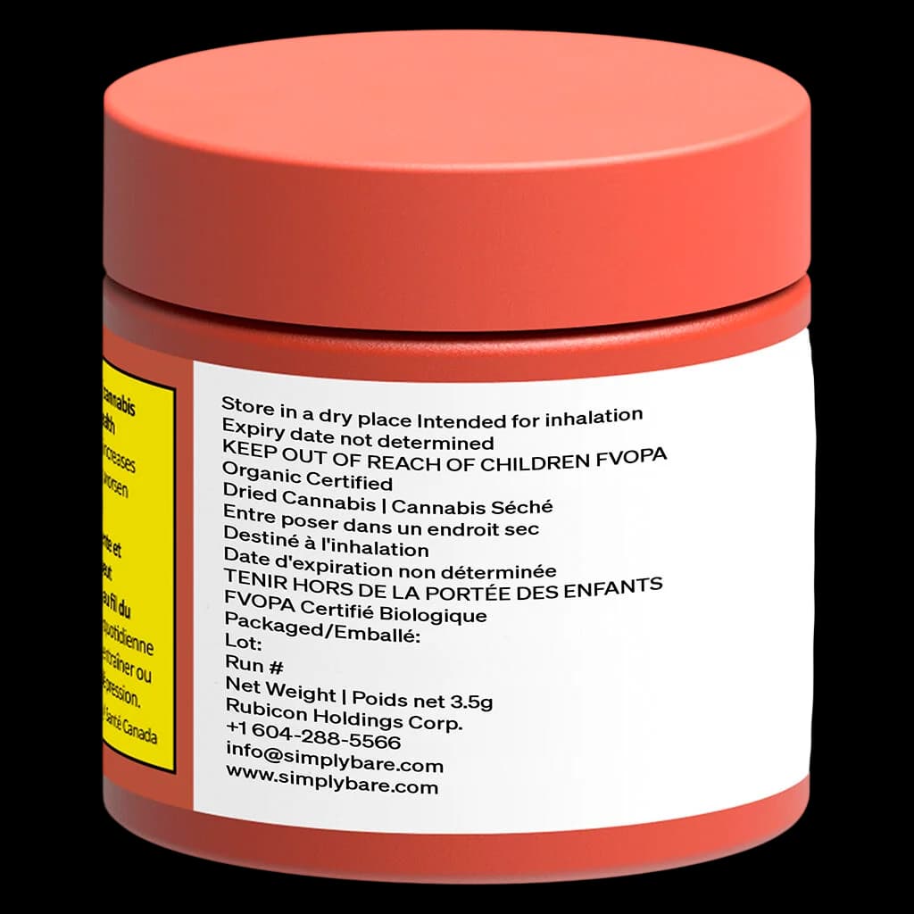 Simply Bare BC Organic Fruit Loopz 3.5g dried cannabis flower in red jar with yellow Health Canada warning label