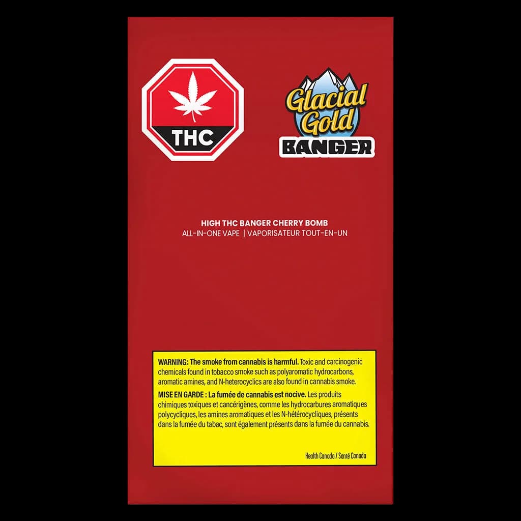 Emballage de vaporisateur tout-en-un Glacial Gold High THC Banger Cherry Bomb avec fond rouge, symbole d'avertissement THC et étiquette d'avertissement de Santé Canada