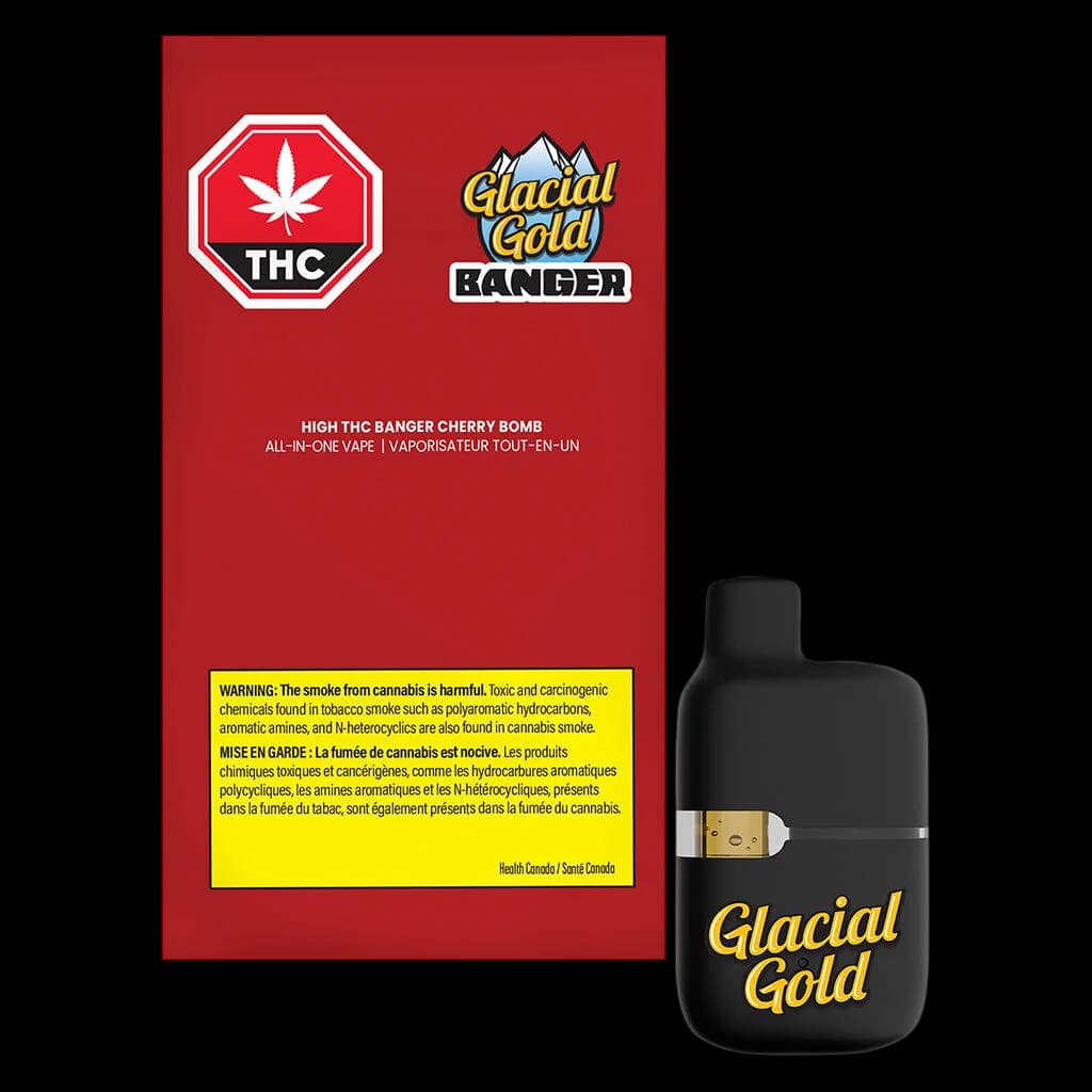 Stylo vapoteur tout-en-un Glacial Gold High THC Banger Cherry Bomb avec emballage rouge et appareil noir
