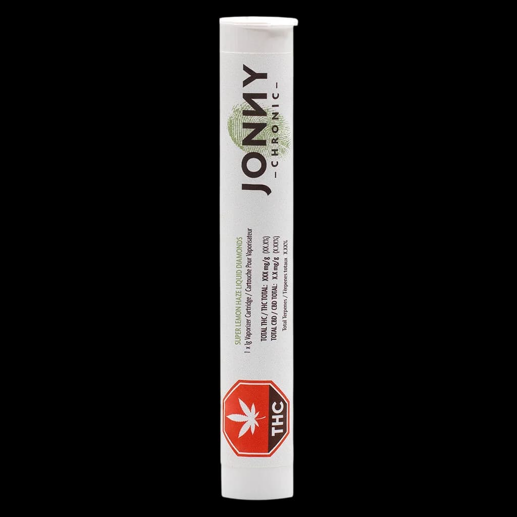 Jonny Chronic Super Lemon Haze Liquid Diamonds 510 thread vape cartridge with white packaging and red THC warning symbol