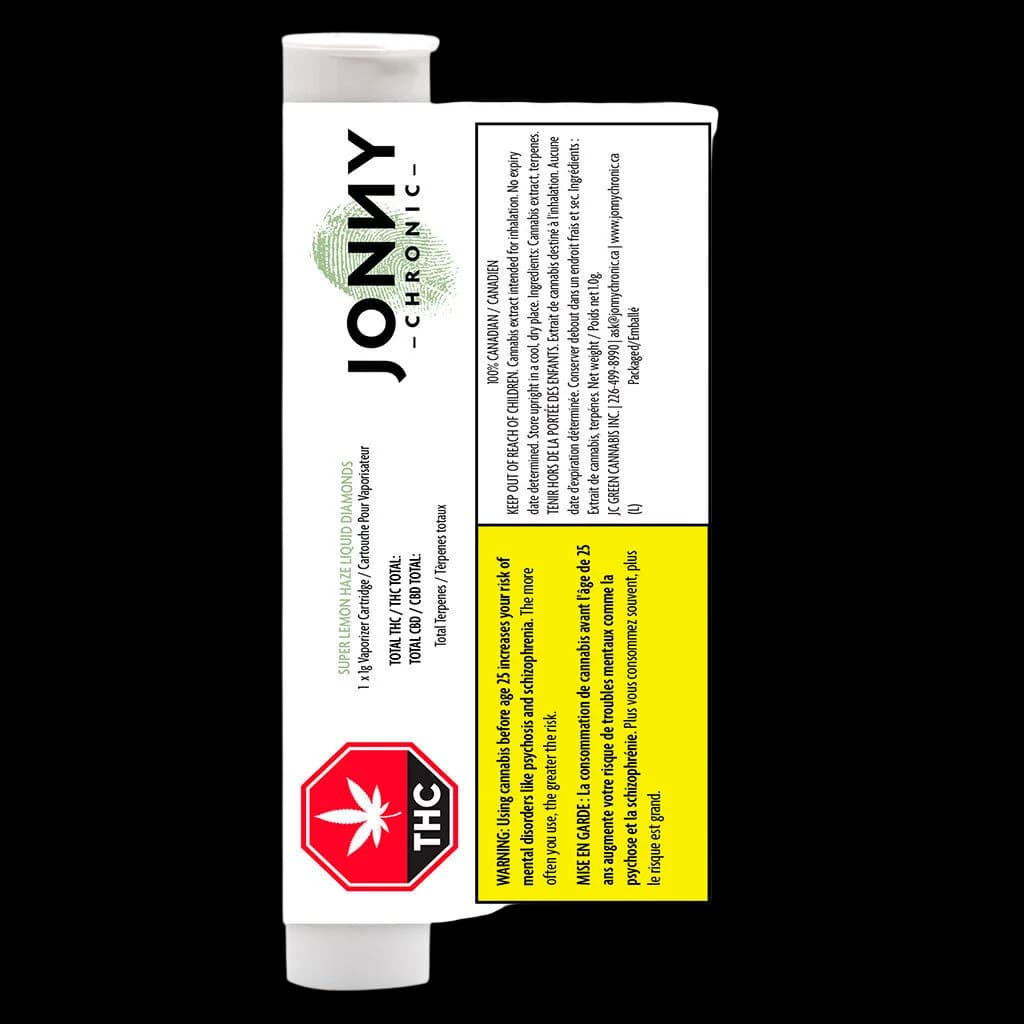 Jonny Chronic Super Lemon Haze Liquid Diamonds 510 thread vape cartridge packaging rear label showing potency and warning symbols