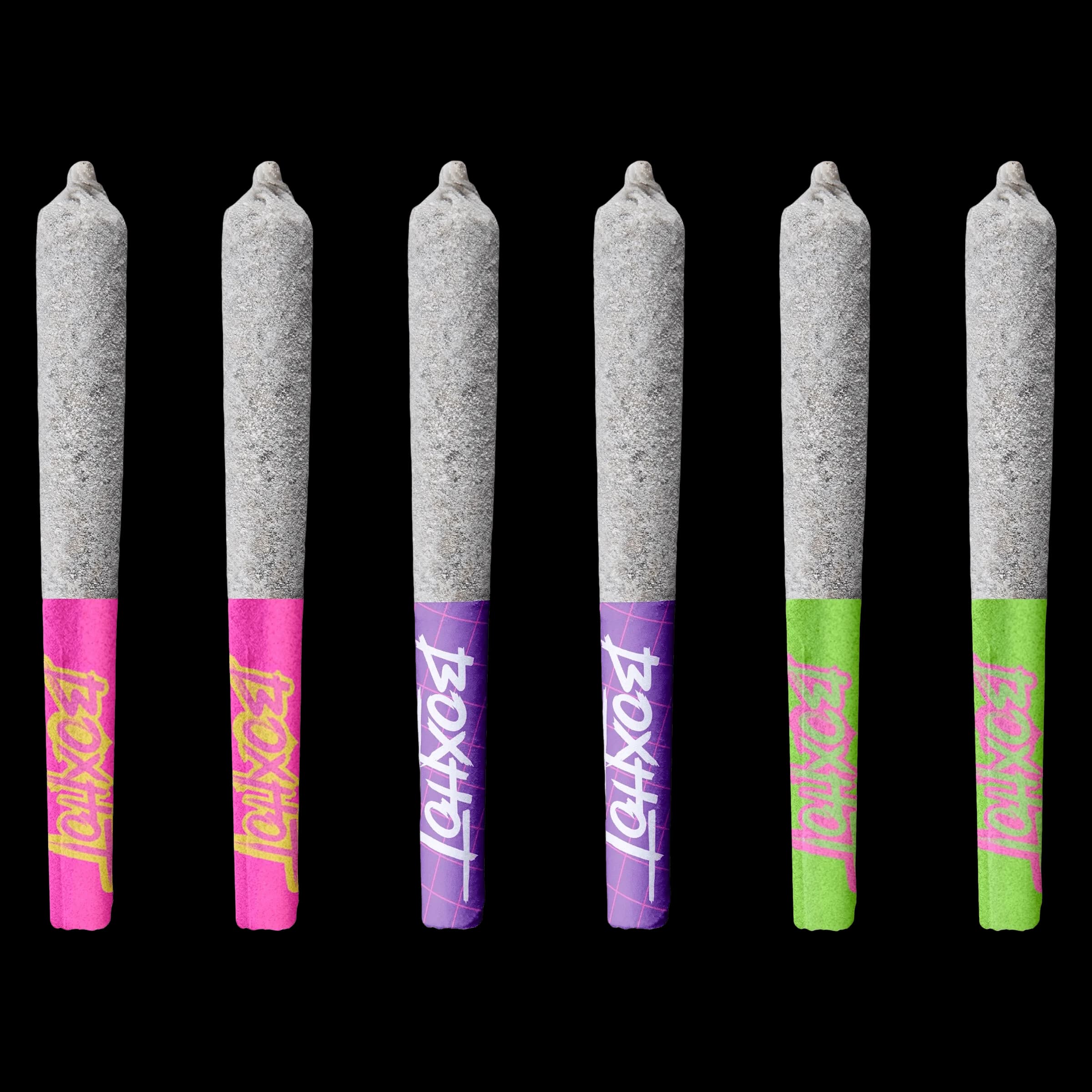 Six pré-roulés Diamond Doobies de BOXHOT avec papier gris et filtres colorés : emballage de pré-roulés de cannabis rose, mauve et vert