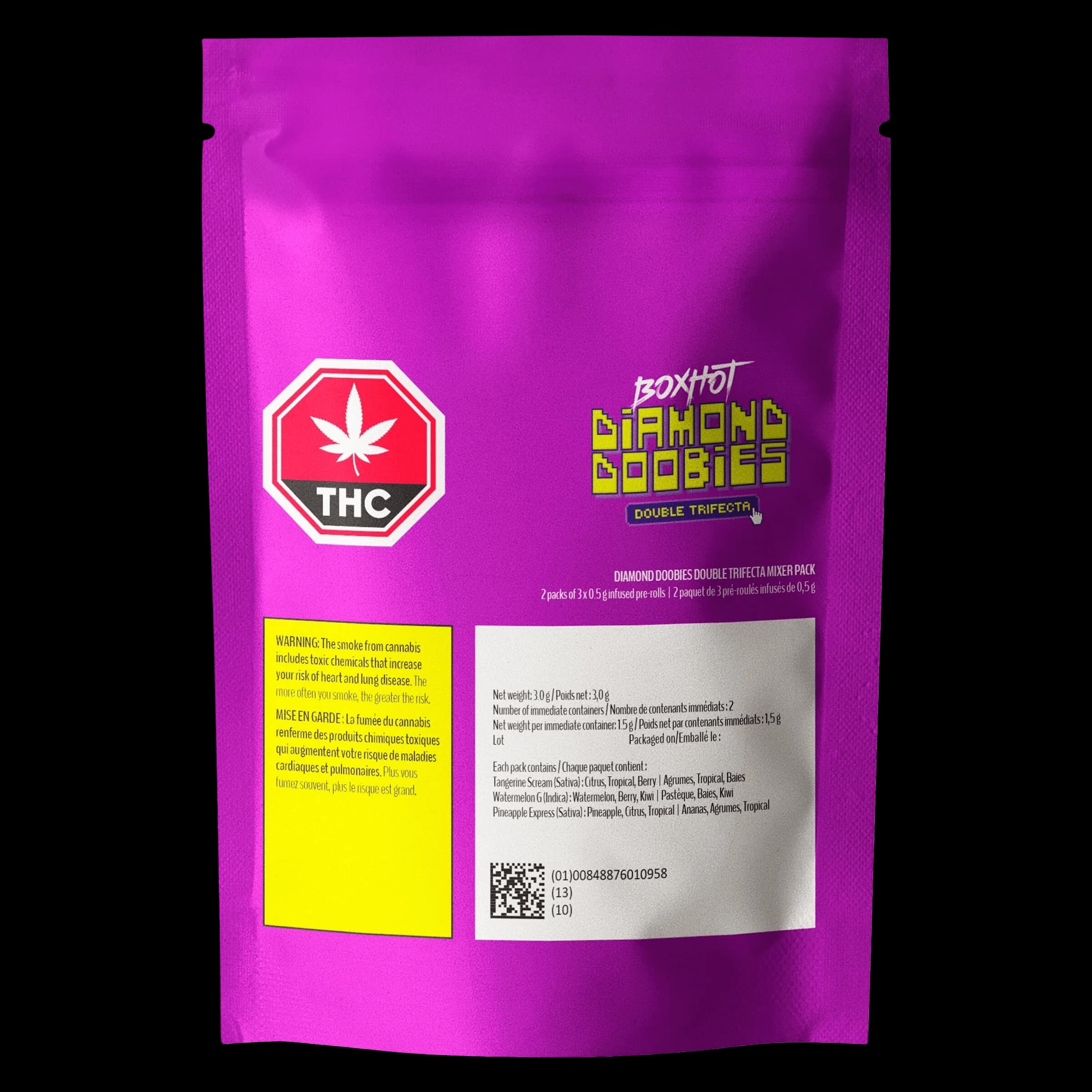 Paquet de pré-roulés infusés Boxhot Diamond Doobies Double Trifecta, paquet de 7 pré-roulés de 0,5 g, emballage magenta avec avertissement THC