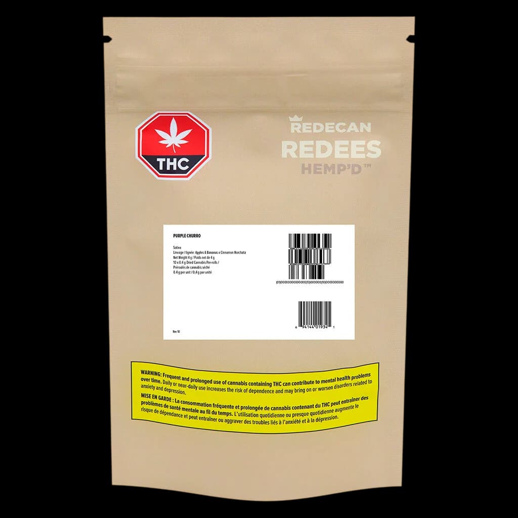Emballage de pré-roulé Redecan Redees Hemp'd Purple Churro avec logo THC rouge, étiquette réglementaire et avertissement jaune de Santé Canada