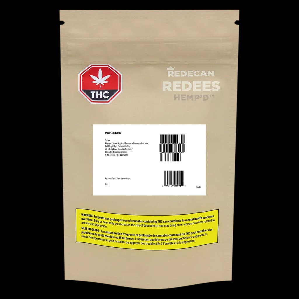 Redecan Redees Hemp'd Purple Churro pre-roll pack with red THC logo and yellow Health Canada warning label on tan kraft pouch