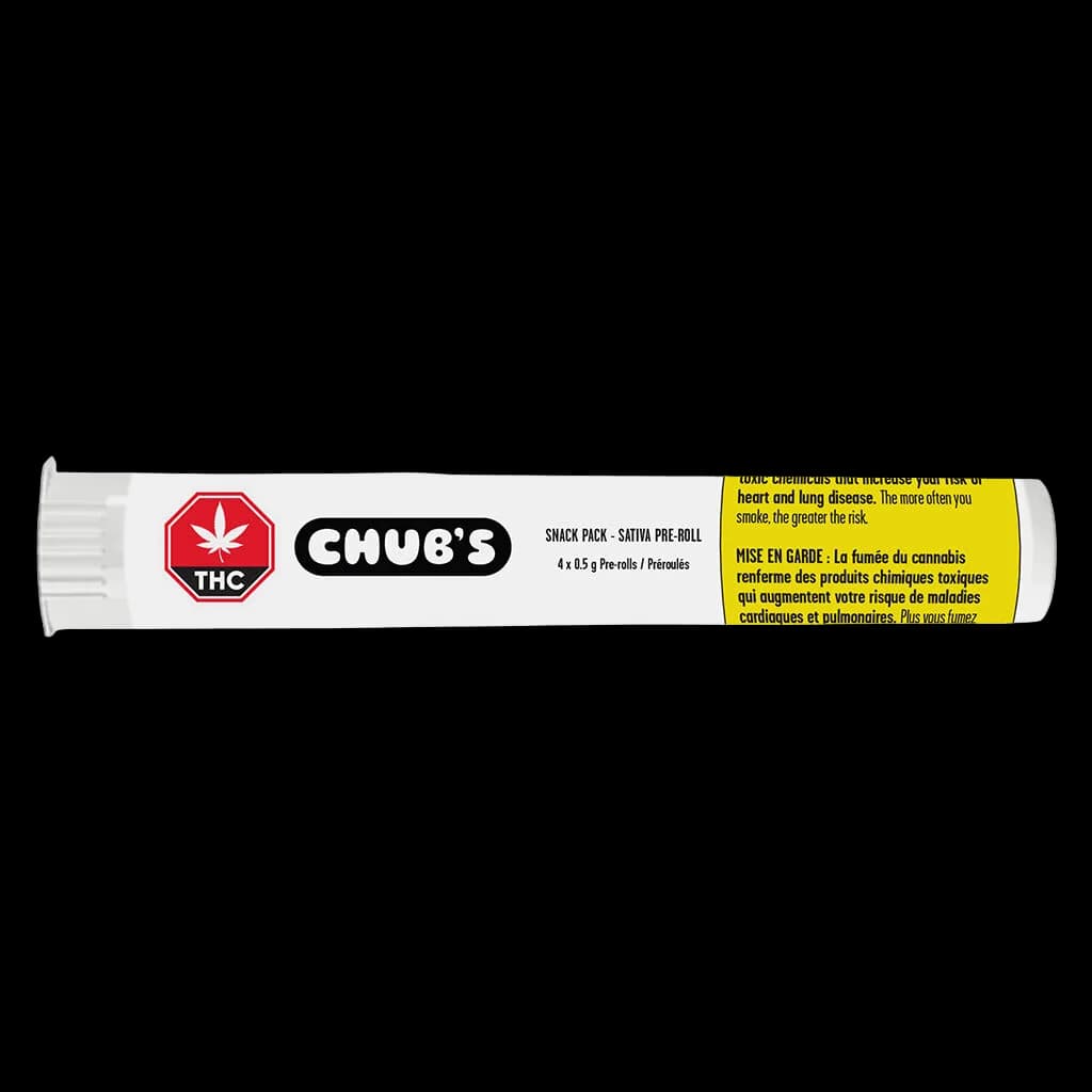CHUB's Snack Pack Sativa pre-roll package, 4 x 0.5g pre-rolls, with red THC logo and yellow Health Canada warning label