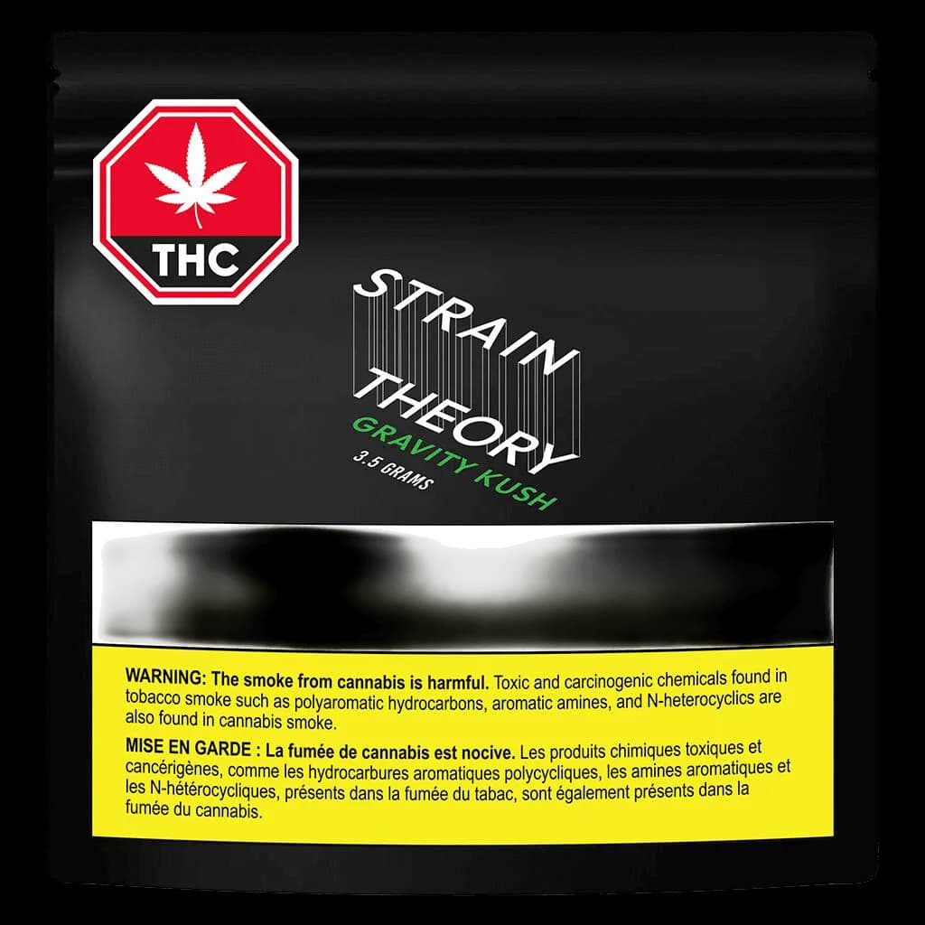Sachet de 3,5 g de cannabis fleur séchée Gravity Kush de Strain Theory avec symbole d'avertissement THC rouge et étiquette d'avertissement jaune de Santé Canada