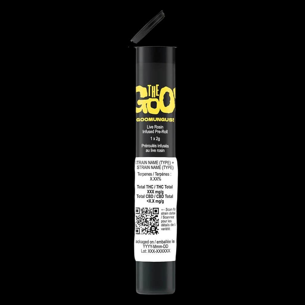 The Goo Goomungus live rosin infused pre-roll, 1 x 2g, black tube packaging with yellow branding and child-resistant cap