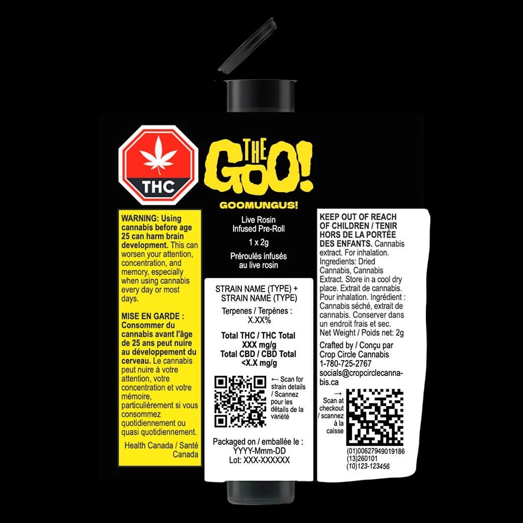 The Goo! Goomungus live rosin infused pre-roll 1x2g package with yellow Health Canada warning label and black packaging