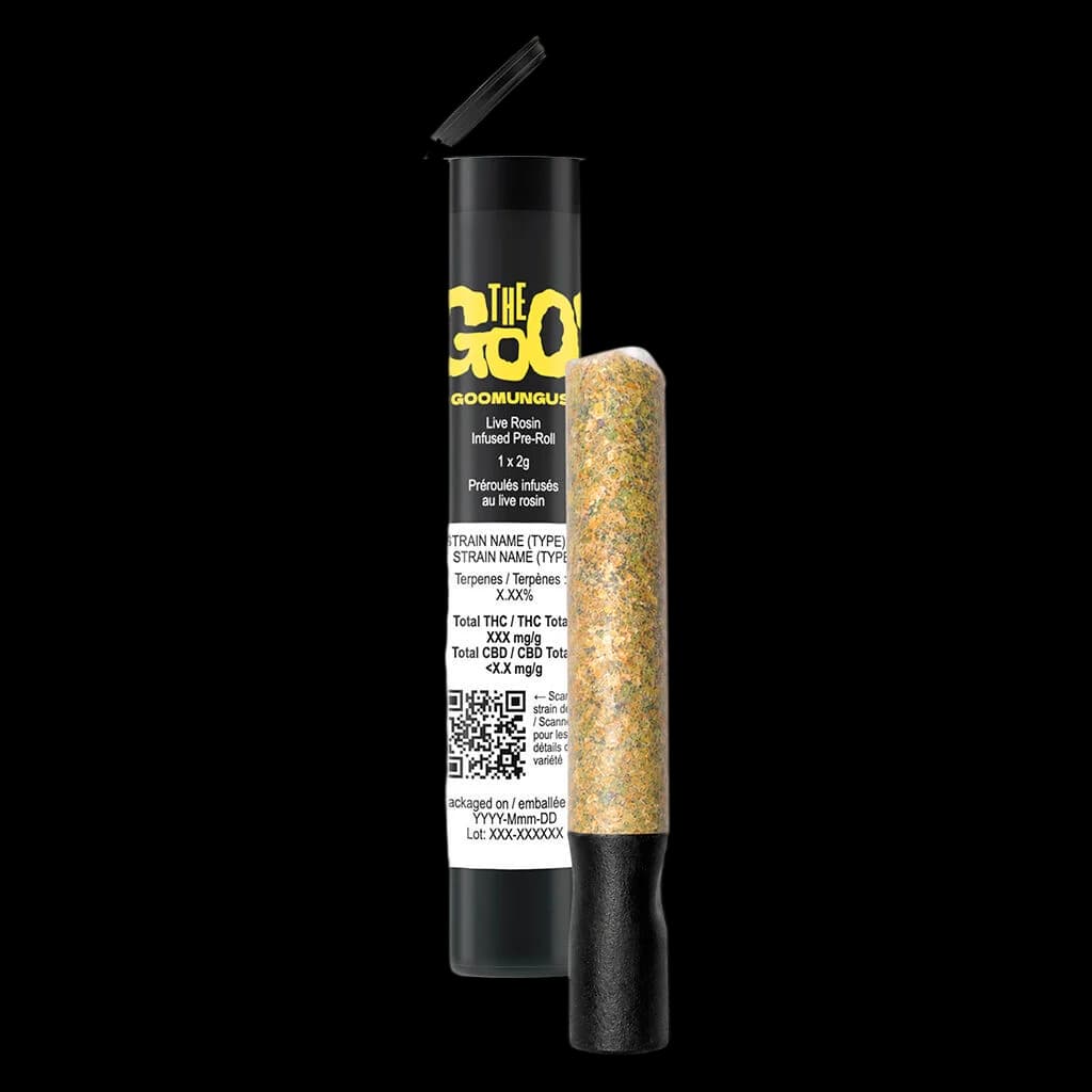 The Goo Goomungus live rosin infused pre-roll, 1 x 2g, with black tube packaging and visible golden cannabis product
