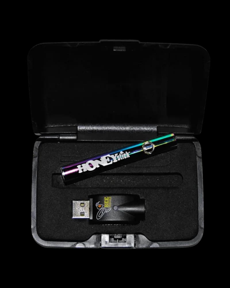 Honeystick Bee Master variable voltage battery kit with iridescent pen, USB charger, and carrying case