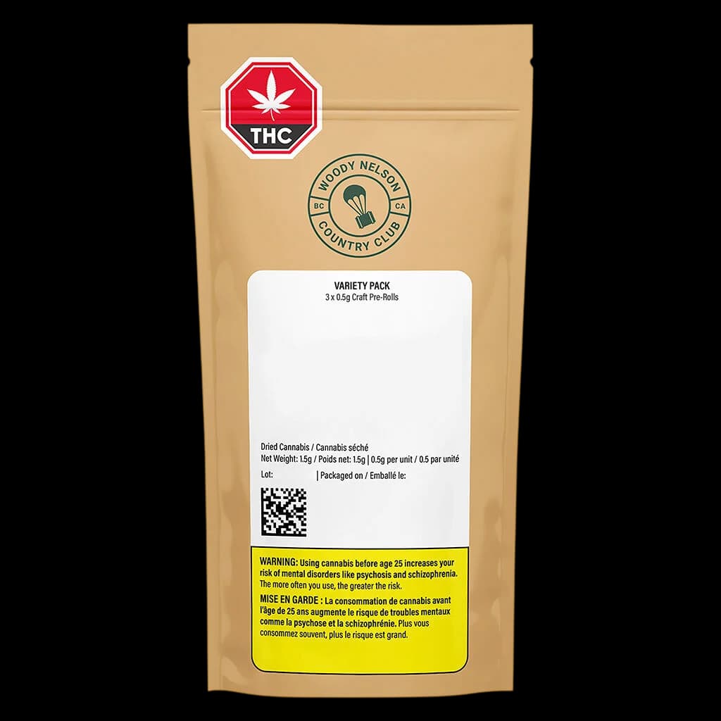 Woody Nelson Country Club variety pack with 3 x 0.5g craft pre-rolls, 1.5g total, tan pouch with THC warning symbol and Health Canada label
