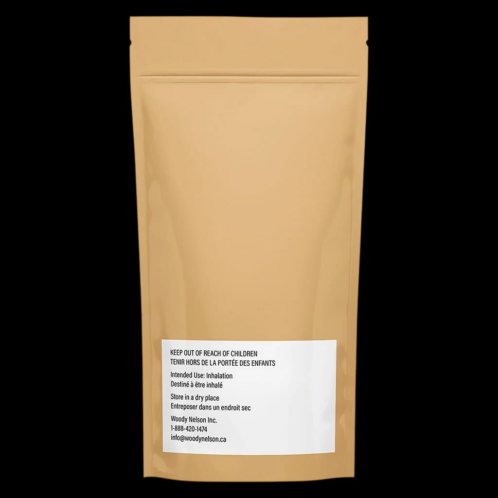 Kraft pouch with white label showing Woody Nelson Inc. contact details and inhalation use instructions for cannabis pre-rolls