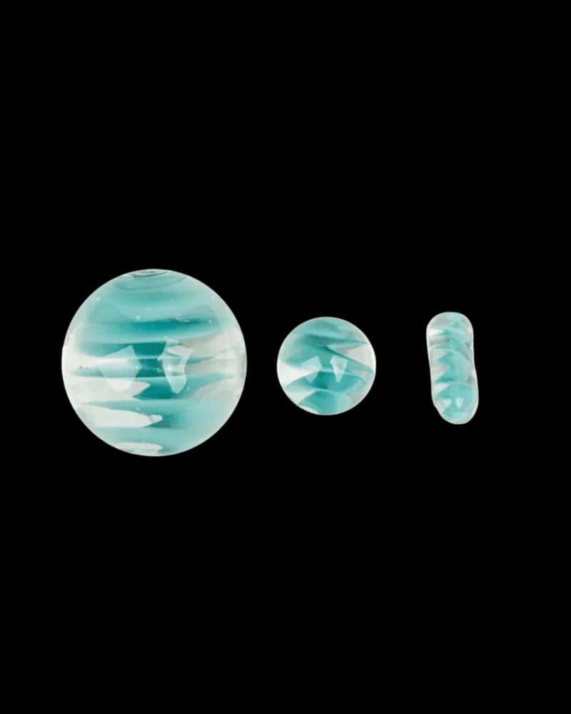 Gear Premium Terp Slurper Heat Bead & Carb Cap Set in teal and white, shown in three sizes