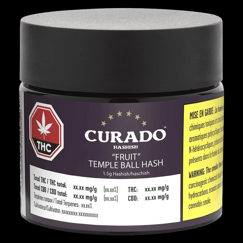Pot de concentré de cannabis Curado Fruit Temple Ball Hash 1,5 g avec couvercle noir et étiquette violette
