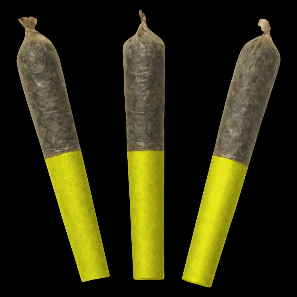 Three Dab Bods Jungle Juice double infused pre-rolls with bright yellow paper and dark resin-coated tips