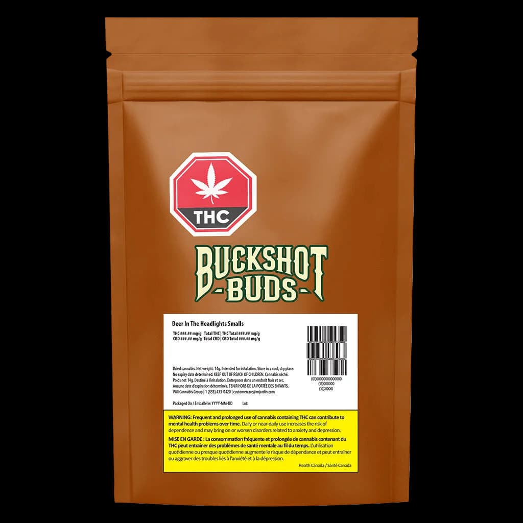 Pochette de petits bourgeons de cannabis séché Deer in the Headlights de Buckshot Buds avec symbole d'avertissement de THC et étiquette de Santé Canada